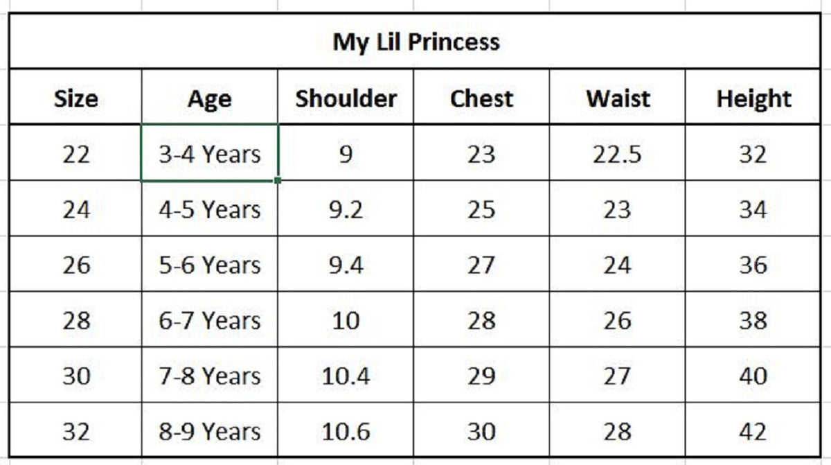 My Lil Princess Blossom Pink Gown Size Chart